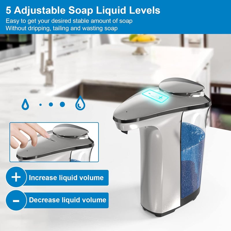 PZOTRUF Automatic Soap Dispenser, Touchless Dish Soap Dispenser 17oz/500ml with Infrared Sensor, 5 Adjustable Soap Levels, Liquid Dispenser for Bathroom Kitchen (Silver) - Image 4